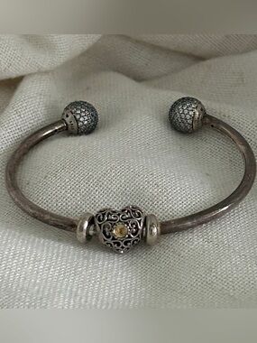 Pandora Sterling Silver open Bangle Bracelet Citrine Heart Charm pave cap Set